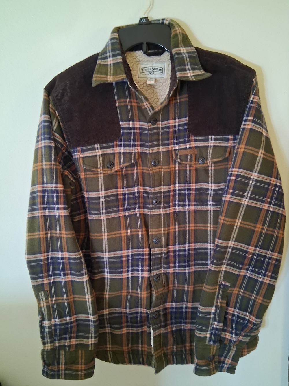 Field & Stream Olive and Brown Plaid Sherpa-Lined Shirt Jacket